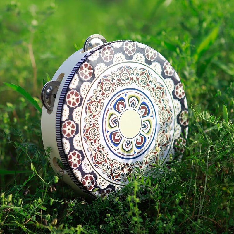 OriGlam 8 Inch Tambourine Wood Handbell Music Drum, Handheld Tambourine Drum Bell Metal Jingles Percussion Instrument Drum for Church, Dance, Party, KTV (White) - Image 3